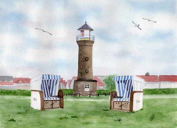 Postkarte DIN-A6 Aquarell Maritim Kunst Druck Kunstdruck Nordsee Amrum Leuchtturm Insel